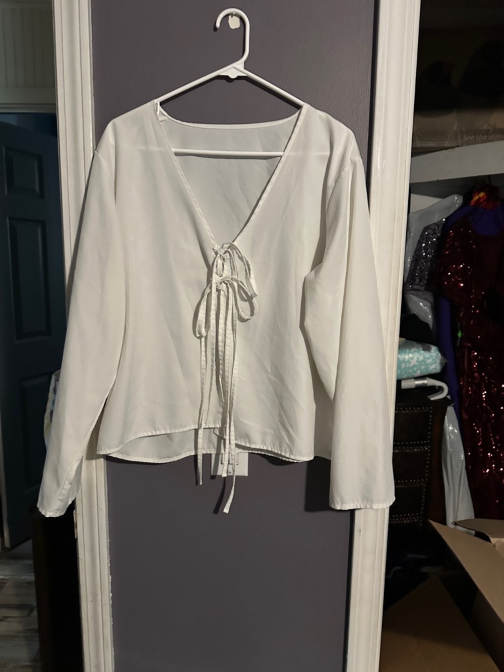 SHEIN White Tie-Front V-Neck Long-Sleeve Blouse